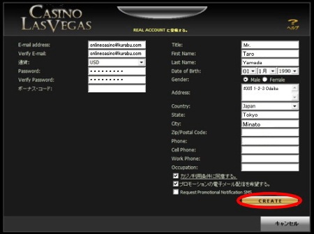 カジノラスベガスの有料プレーの登録方法「情報入力 2ページ目」